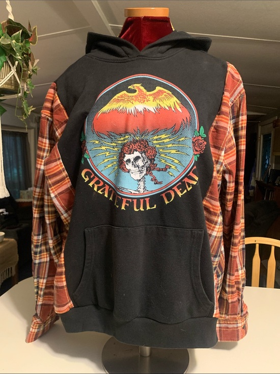 Upcycled Tops - Upcycled Grateful Dead Black agraphic Hoodie with Rust Plaid Flannel Sleeves